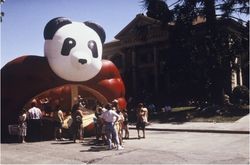 Giant panda "bounce house" set up on Fourth Street in front of the Petaluma Museum for the California Cooperative Creamery's 80th anniversary party held in downtown Petaluma, California, July 17, 1991