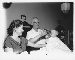 Getting a first haircut, Petaluma, California, 1958