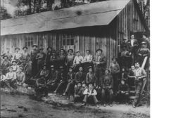 Crew in front of cookhouse at Del Mar Saw Mill