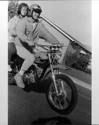 Unidentified people on motorcycles in Petaluma, California, 1973