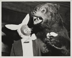 Exchange Club Easter Bunny and bear at the Sonoma County Fair, Santa Rosa, California, 1957