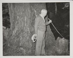 Unidentified man with a stick standing by a tree