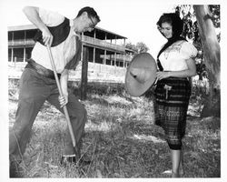 Ron O'Donnell digs a barbecue pit for the Old Adobe Fiesta while Miss Sonoma County, Jan Bohling, looks on, Petaluma, California, August, 1963