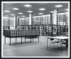 Subject card catalog and main reading room at the Central Library, Santa Rosa, California, 1969