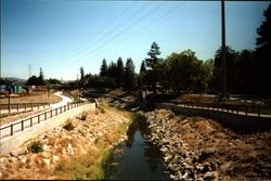 Looking east along Santa Rosa Creek bed from the Olive Street-Railroad Avenue Bridge