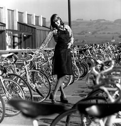 Mattei Brothers men's and women's fashions modeled amongst the bicycles at Sonoma State