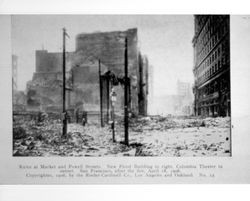 Ruins at Market and Powell Streets--new Flood Building to right, Columbia Theater in center