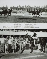 Photo finish and Winner's Circle for #5 horse "Counted Out" at the Sonoma County Fair Racetrack, Santa Rosa, California