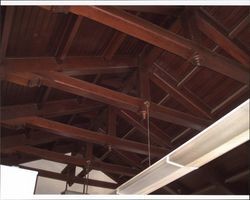 Interior view of the Petaluma Northwestern Pacific Railroad Depot in Petaluma, California, showing wood trusses, Oct. 9, 03