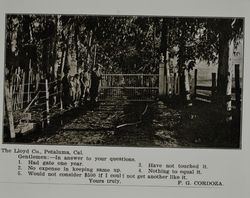 Lloyd gate at the F. G. Cordoza farm in Petaluma, California, as shown in the Lloyd Co. catalog for 1912