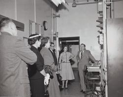 Officials receive tour of new Pacific Telephone and Telegraph Company building at 125 Liberty Street, Petaluma, California, 1951