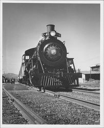 Locomotive for California Western Railroad's new steam "Super Skunk" arrives at Fort Bragg, California, 1965