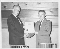 Joseph Baird and Vincent R. Marsiciano celebrating the Fiftieth anniversary of the Petaluma Typographical Union, Petaluma, California, 1963