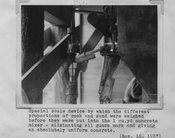 Special scale device used for measuring rock and sand used at the Poultry Producers of Central California Petaluma mill while it was under construction, 1937