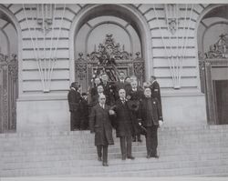 San Francisco dignitaries stand at attention on the steps of the City Hall for the funeral proceedings of the murdered San Francisco police detectives, San Francisco, California, December 1920