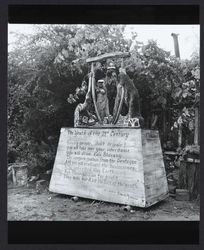 Views of Bernard Zakheim's wooden sculpture entitled 'The Youth of the 21st Century.', Sebastopol, California, 1968]