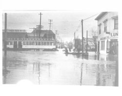 Petaluma and Santa Rosa Railroad car no. 56 stranded in flood waters in Petaluma, California, 1912