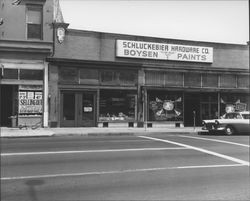Exterior view of Schluckebier Hardware Company, Petaluma, California, 1958