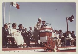 Helen Putnam speaking to a veterans group, Petaluma, California(?), about 1970