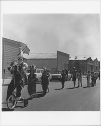 Children dressed as Native Americans and settlers in an Old Adobe Fiesta parade, Petaluma, California, about 1965