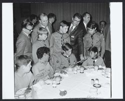 Boy Scouts with a group of Rotary members at a dinner, Santa Rosa, California, 1970