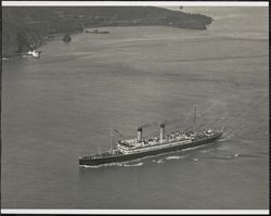 Ship exiting Golden Gate, Golden Gate Bridge, San Francisco, California, 1920s