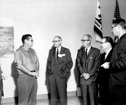 Hugh Codding with unidentified men at grand opening of Coddingtown Branch of United California Bank, Santa Rosa , California, 1962