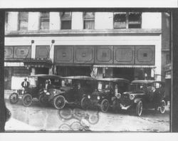 Fleet of taxis, Petaluma, California, 1924