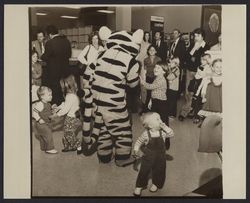 Tigger greeting children at Sears opening celebration, Santa Rosa, California, 1980