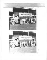 Workers standing next to a G.P. McNear Company truck, Petaluma, California, about 1957