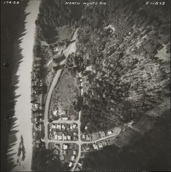 Aerial view of Beech Avenue west to Foothill Drive and River Road, Monte Rio, California, February 3, 1963