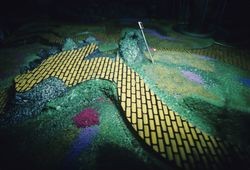 Yellow brick road in the model for the Garden of Oz show preparations at the Hall of Flowers at the Sonoma County Fairgrounds, Santa Rosa, California, February 1988