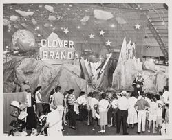 Petaluma Cooperative Creamery exhibit promoting Clover brand with a space suited mentalist at the Sonoma County Fair, Santa Rosa, California, July 1958