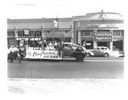 Cow Puncher brand jeans float., Petaluma, California, 1947