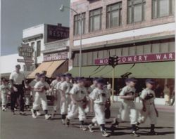 Optimist Club Little League on parade, Petaluma Boulevard North, Petaluma, California, 1958