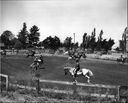 California Centaurs mounted junior drill team practicing at the Sonoma County Fairgrounds, Santa Rosa, California, 1946