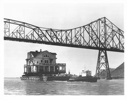 Lighthouse being towed by barge, Vallejo, California, 1957