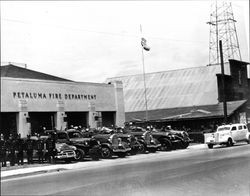 Fire fighters and fire engines outside of Headquarters Station, Petaluma, California, 1952