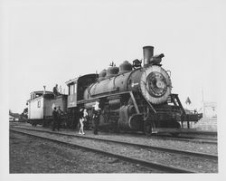 Locomotive for California Western Railroad's new steam "Super Skunk" arrives at Fort Bragg, California, 1965