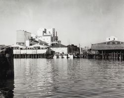 Golden Eagle Milling Company and the Petaluma Cooperative Mercantile Warehouse No. 2 at the Petaluma River turning basin, Petaluma, California, about 1954