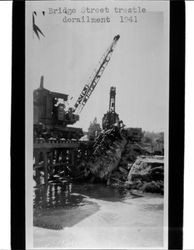 Railroad engine in Petaluma River at Bridge/Hopper Street trestle, Petaluma, California, 1941