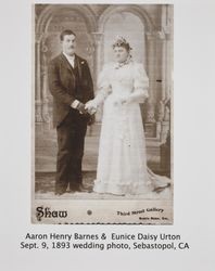 Wedding portrait of Aaron Henry Barnes and Eunice Daisy Urton, Sebastopol, California, September 9, 1893