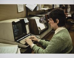 Librarian Denise Lightell at work in Petaluma, California, 1970s