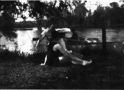 Boaters on the shore of Lake Jonive on the Laguna de Santa Rosa, near Sebastopol, California, about 1910