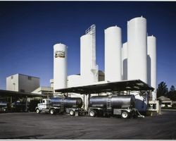 Tank truck parked at the California Cooperative Creamery lot at the corner of English and Upham Streets, Petaluma, about 1980