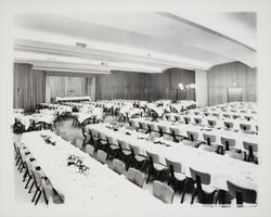 Tables set for a banquet at Petaluma Veterans Memorial Building, Petaluma, California, 1970