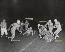 Defensive scrimmage during Petaluma Leghorn game against San Francisco Broncos