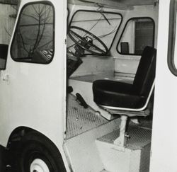 Interior of Ples Crews' Lakeville Dairy delivery truck, Petaluma, California, 1961