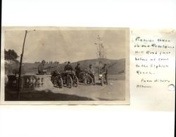 Five unidentified men standing with their motorcycles on Petaluma Hill Road just before the Elphick Ranch, Penngrove, California, about 1927