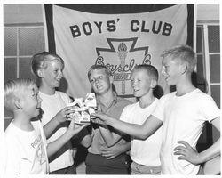 Boys with milk cartons at Petaluma Boys Club, Petaluma, California, 1963